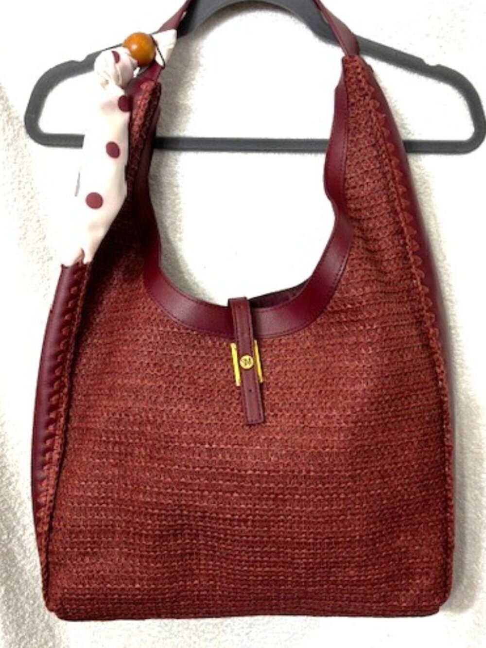 Steve Madden oversized hobo shoulder bag in rust colored raffia and faux leather
